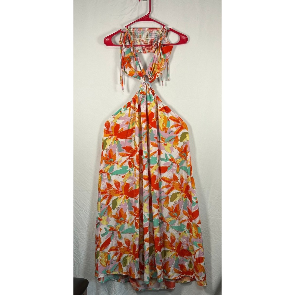 H&M Maxi Dress Women L Orange Floral Halter Cutout Ring Detail Summer Boho